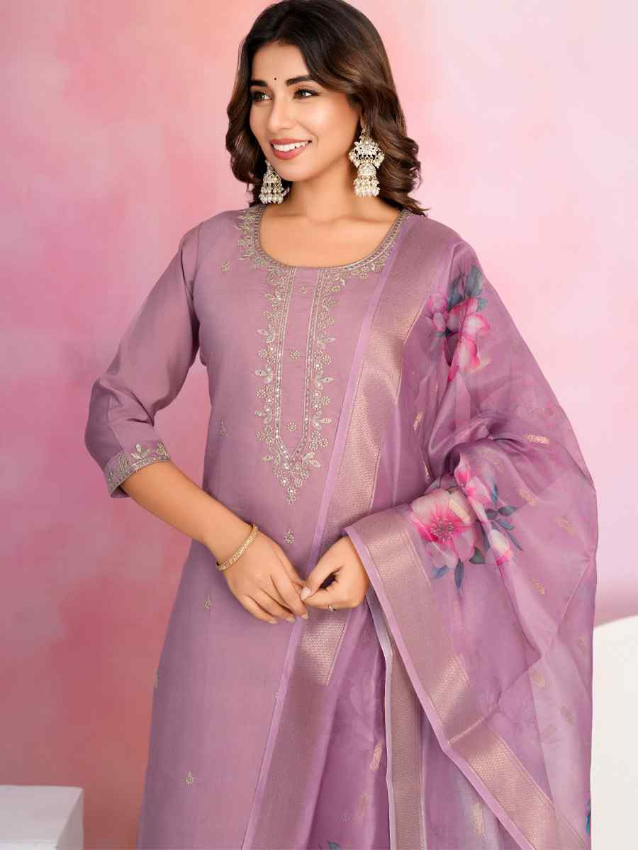 Lavender Chanderi Embroidered Party Wedding Ready Pant Salwar Kameez