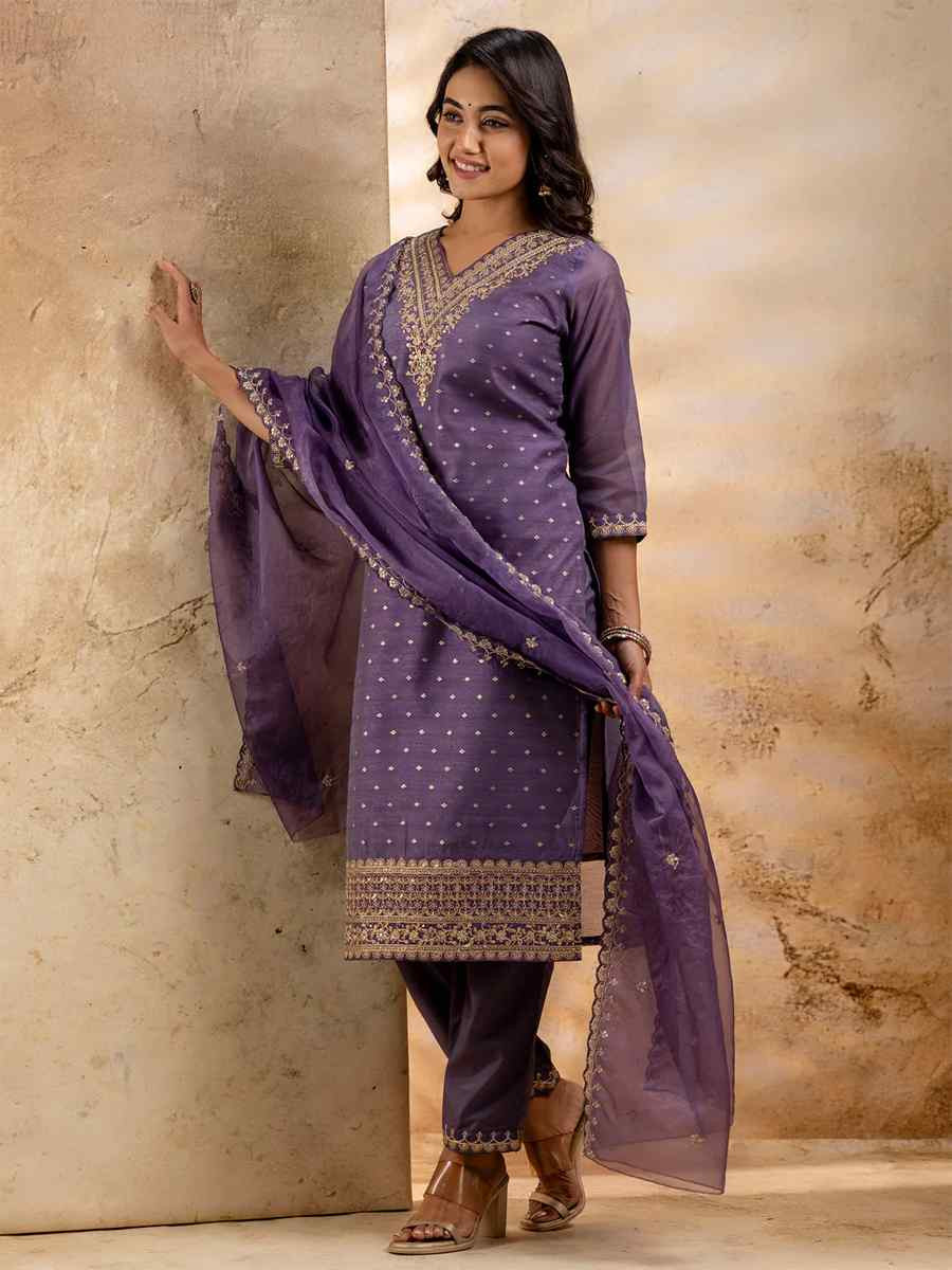 Lavender Chanderi Silk Embroidered Festival Wedding Ready Pant Salwar Kameez