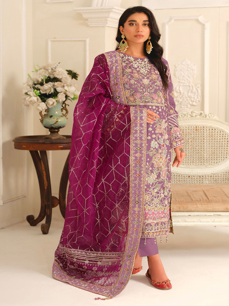 Lavender Chiffon Embroidery Zari Sequins Wedding Party Festival Casual Pant Salwar Kameez
