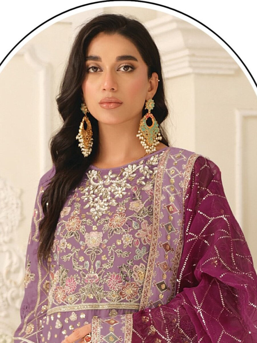 Lavender Chiffon Embroidery Zari Sequins Wedding Party Festival Casual Pant Salwar Kameez