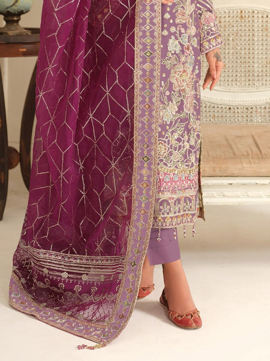 Lavender Chiffon Embroidery Zari Sequins Wedding Party Festival Casual Pant Salwar Kameez