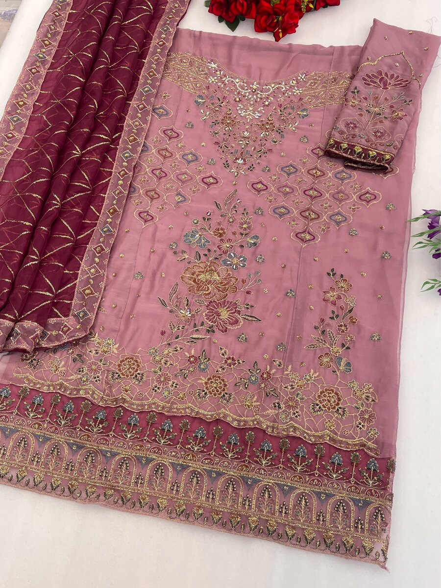 Lavender Chiffon Embroidery Zari Sequins Wedding Party Festival Casual Pant Salwar Kameez