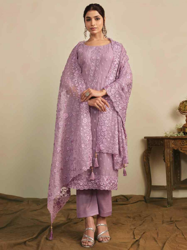 Lavender Chiffon Organza Embroidered Festival Wedding Pant Salwar Kameez