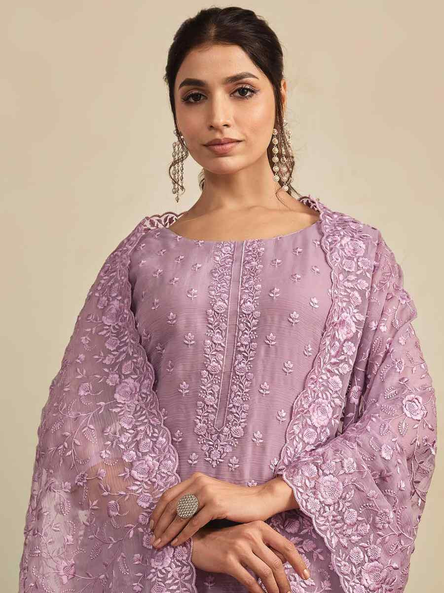 Lavender Chiffon Organza Embroidered Festival Wedding Pant Salwar Kameez