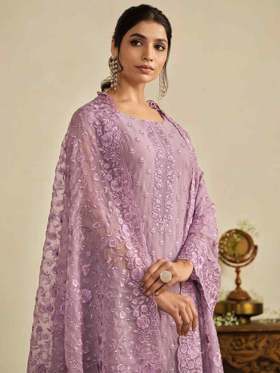 Lavender Chiffon Organza Embroidered Festival Wedding Pant Salwar Kameez