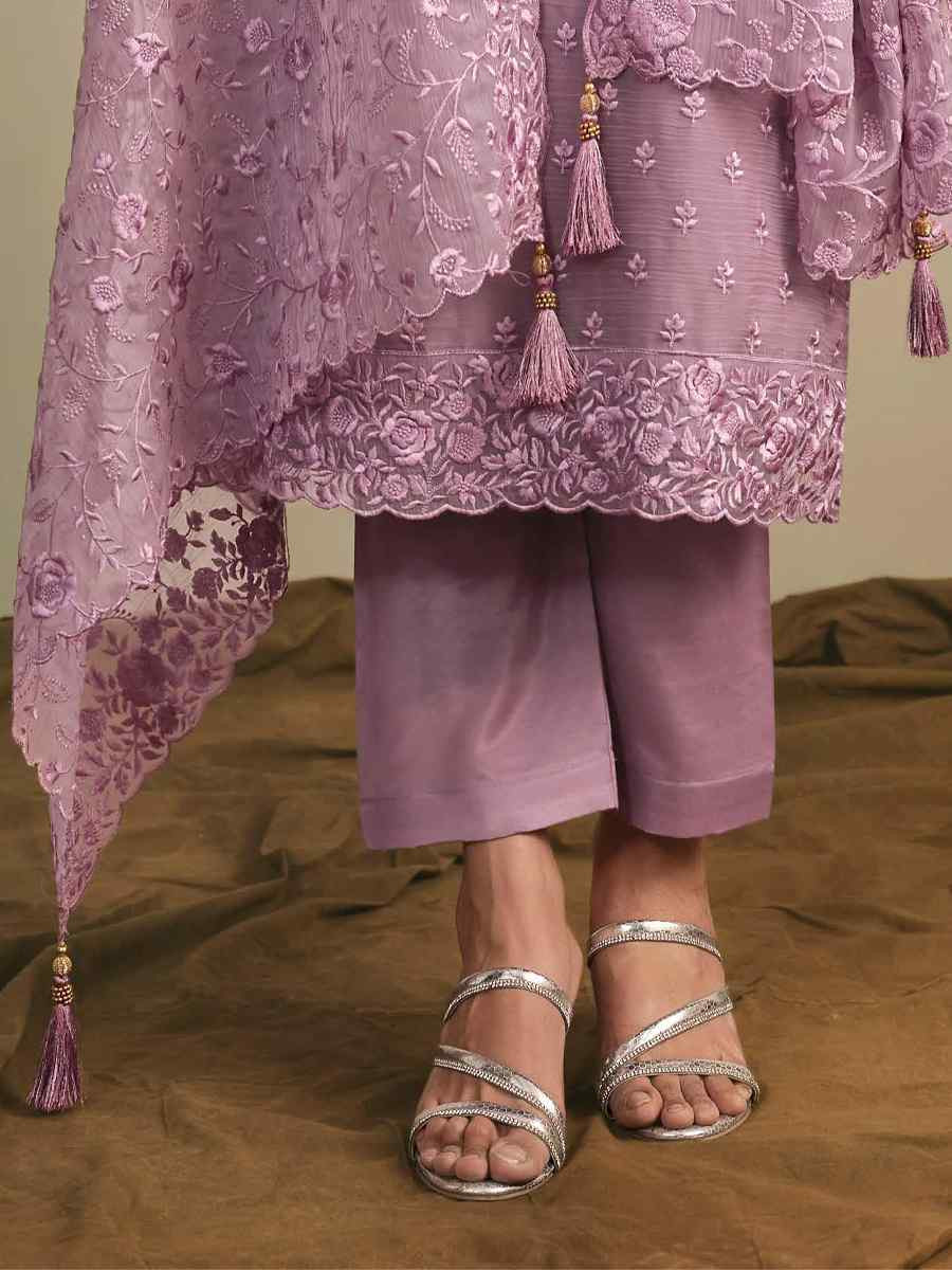 Lavender Chiffon Organza Embroidered Festival Wedding Pant Salwar Kameez