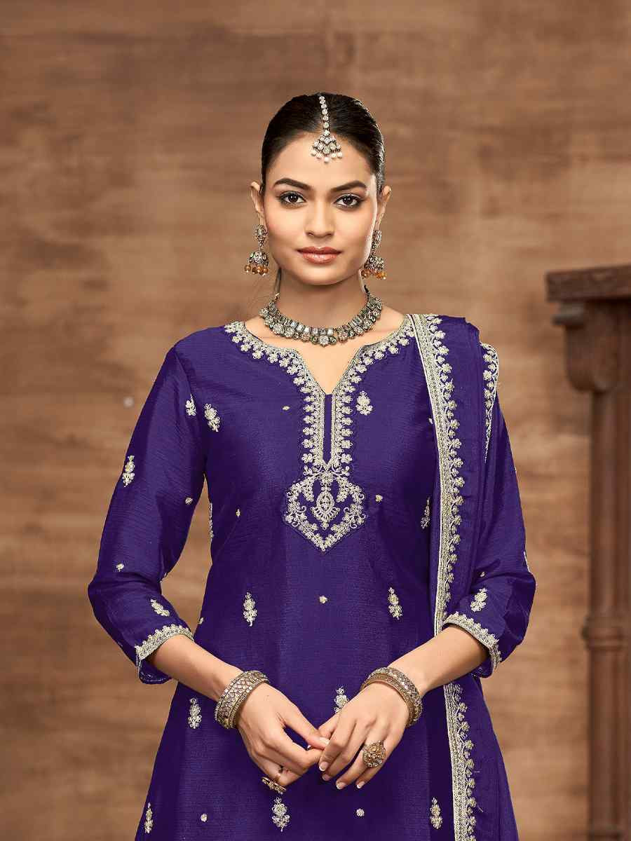 Lavender Chinon Embroidered Festival Casual Ready Palazzo Salwar Kameez