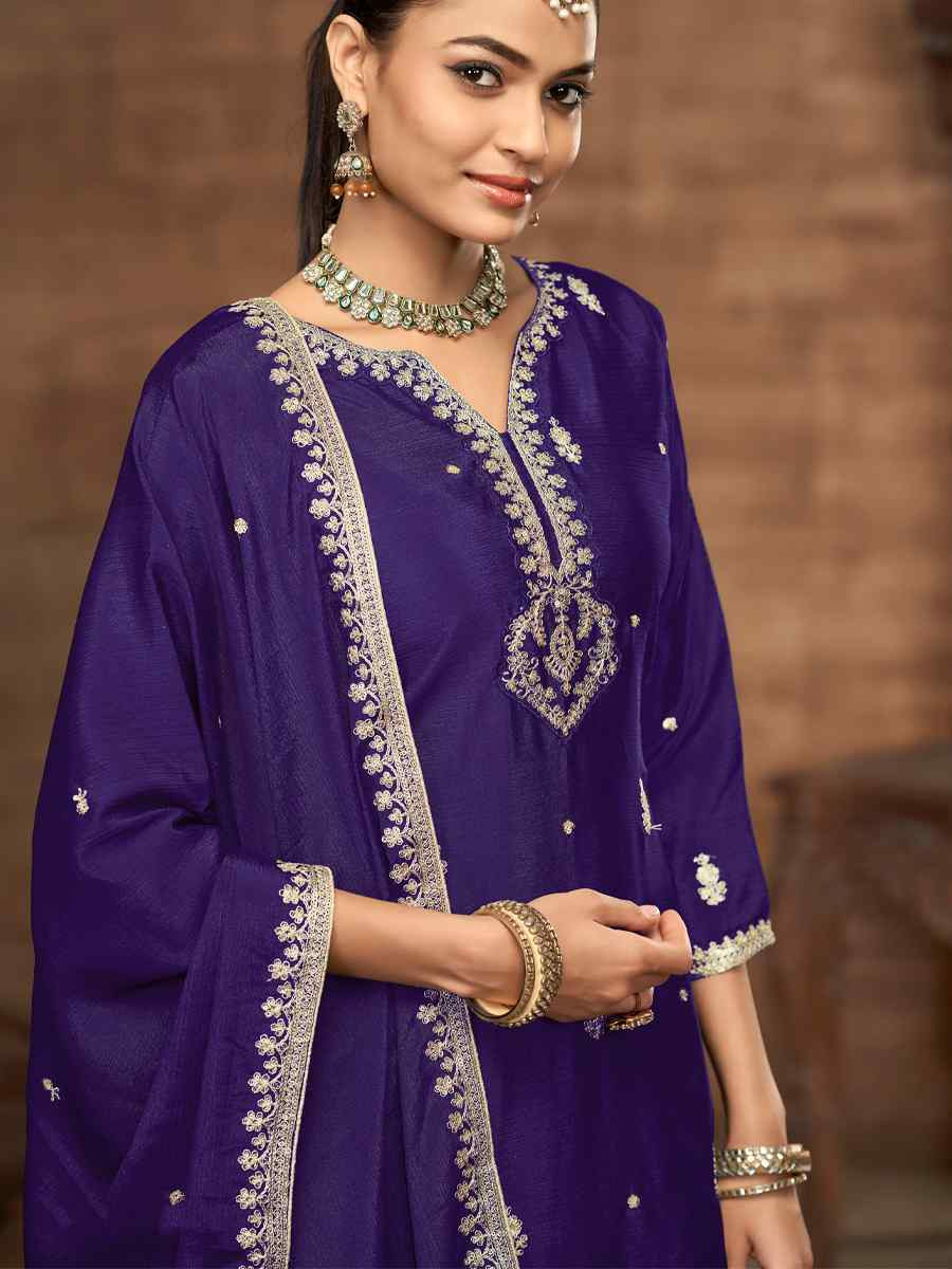 Lavender Chinon Embroidered Festival Casual Ready Palazzo Salwar Kameez