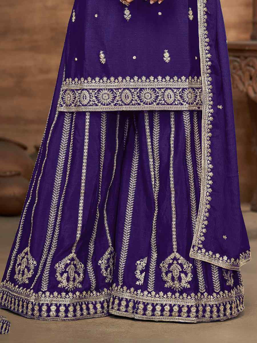 Lavender Chinon Embroidered Festival Casual Ready Palazzo Salwar Kameez
