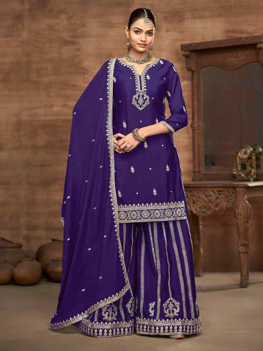 Lavender Chinon Embroidered Festival Casual Ready Palazzo Salwar Kameez