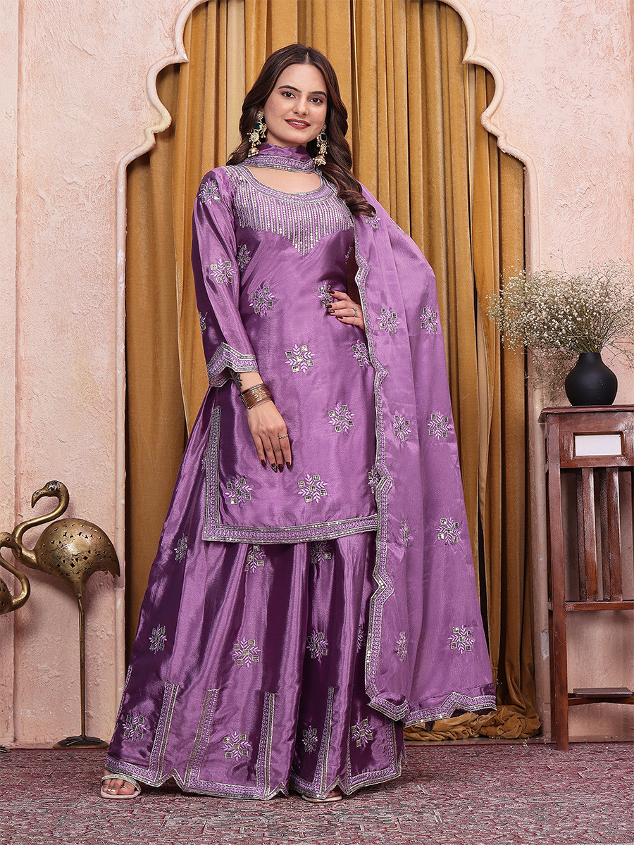 Lavender Chinon Embroidery Sequins Wedding Party Festival Casual Ready Palazzo Pant Salwar Kameez