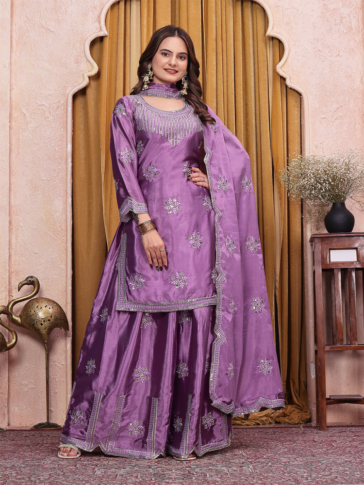 Image of Lavender Chinon Embroidery Sequins Wedding Party Festival Casual Ready Palazzo Pant Salwar Kameez