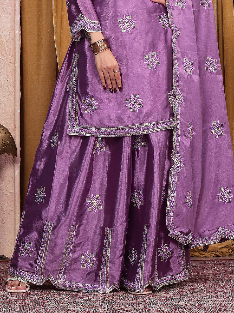 Lavender Chinon Embroidery Sequins Wedding Party Festival Casual Ready Palazzo Pant Salwar Kameez
