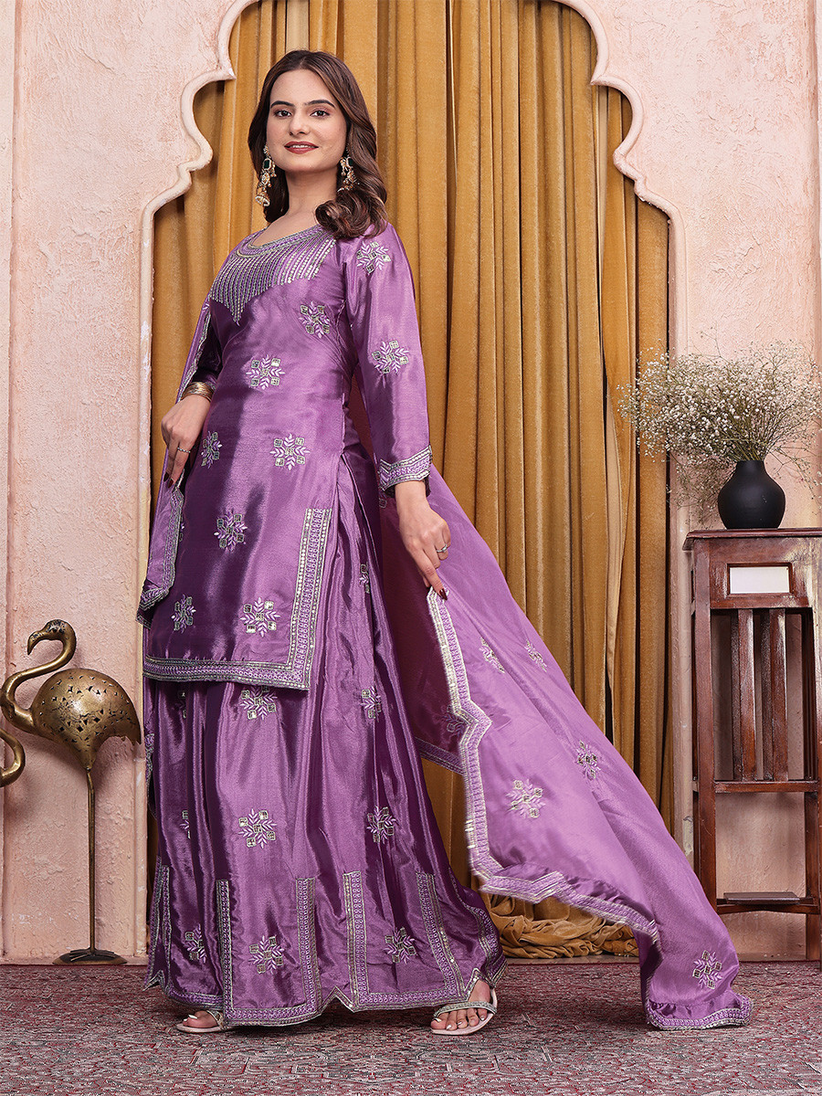 Lavender Chinon Embroidery Sequins Wedding Party Festival Casual Ready Palazzo Pant Salwar Kameez