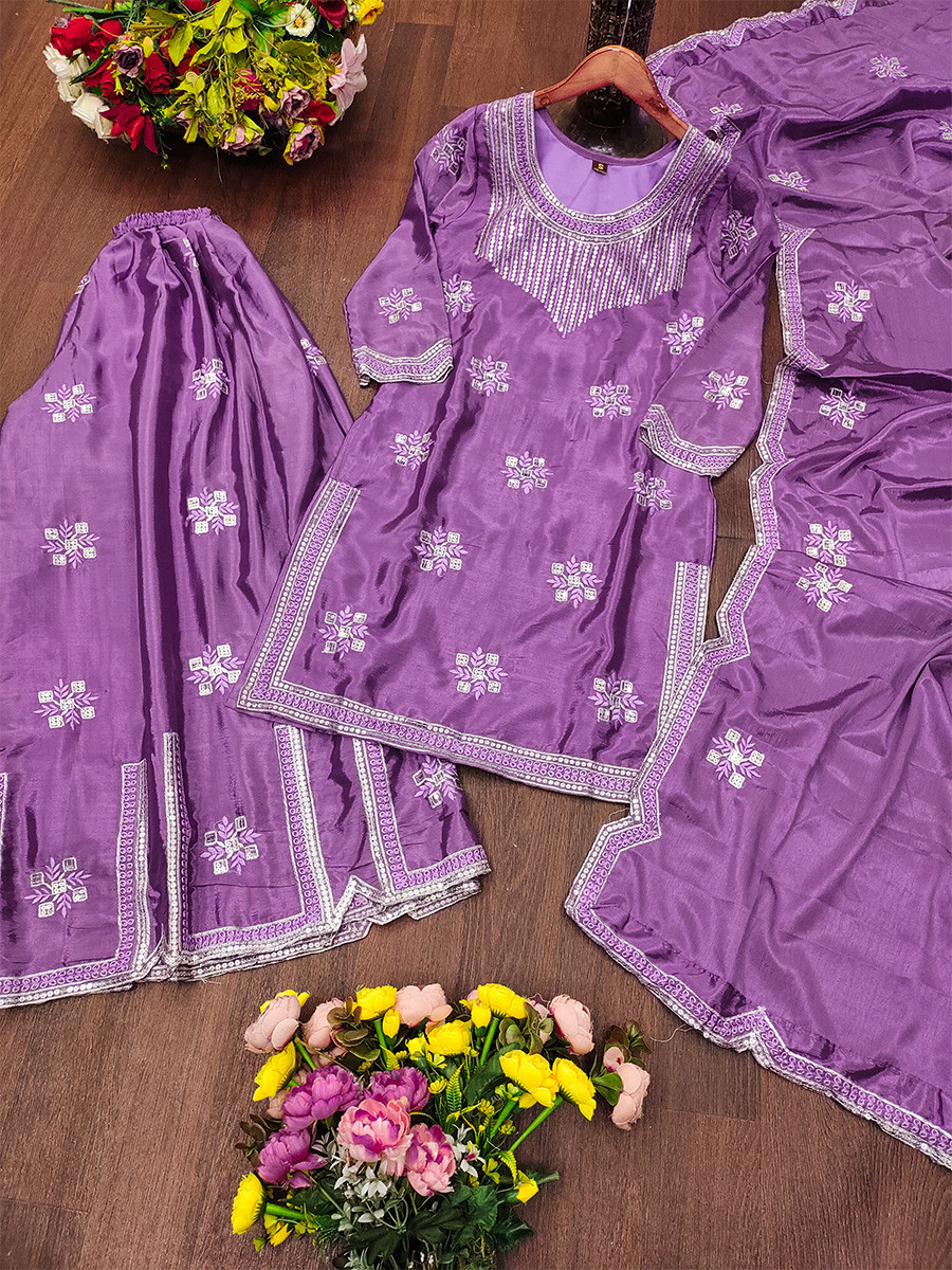 Lavender Chinon Embroidery Sequins Wedding Party Festival Casual Ready Palazzo Pant Salwar Kameez