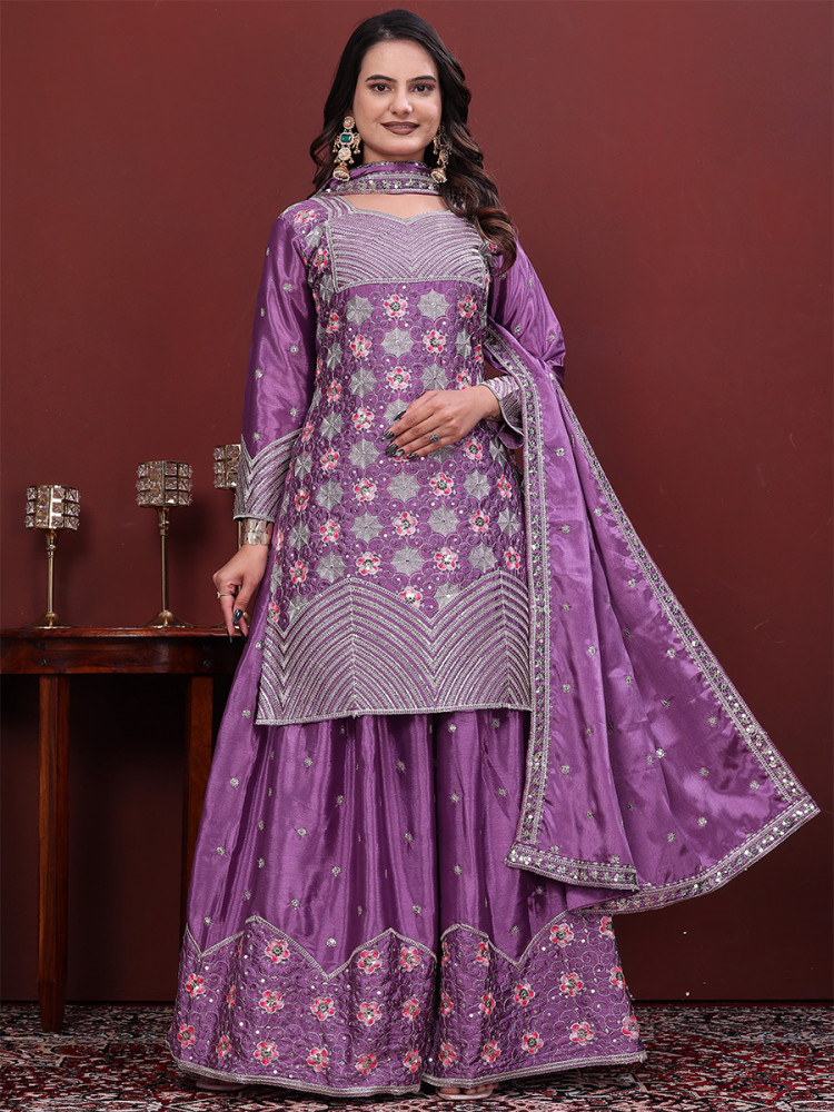 Image of Lavender Chinon Embroidery Sequins Wedding Party Festival Casual Ready Palazzo Pant Salwar Kameez