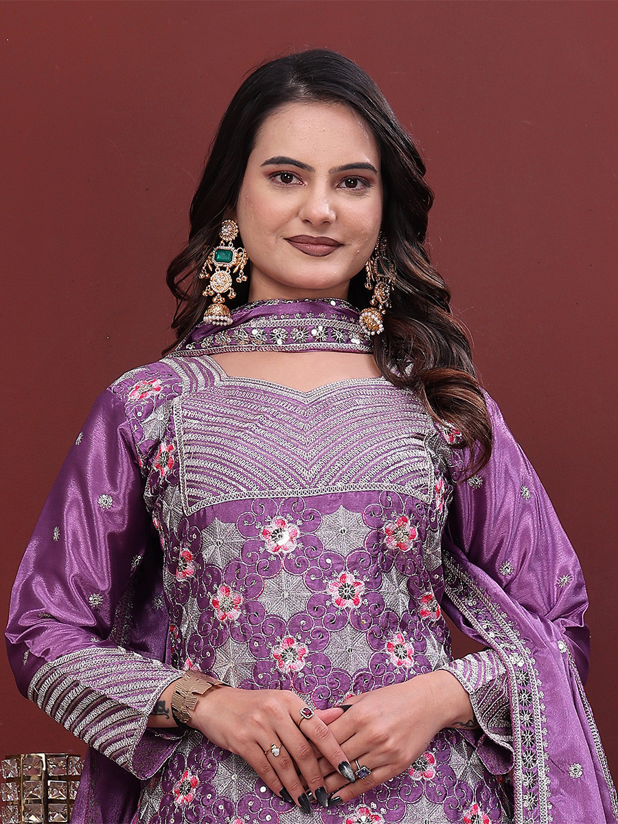 Lavender Chinon Embroidery Sequins Wedding Party Festival Casual Ready Palazzo Pant Salwar Kameez
