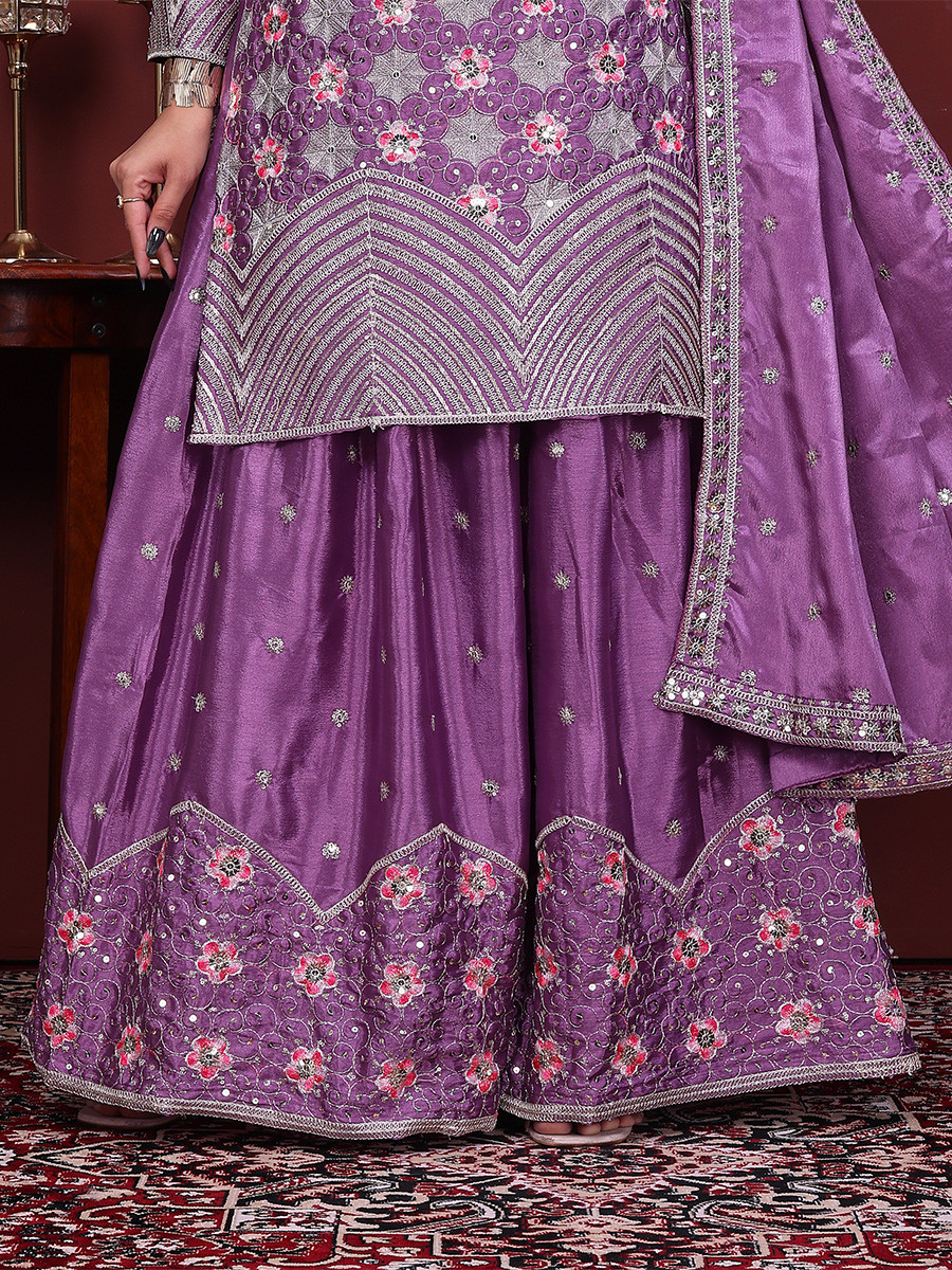 Lavender Chinon Embroidery Sequins Wedding Party Festival Casual Ready Palazzo Pant Salwar Kameez