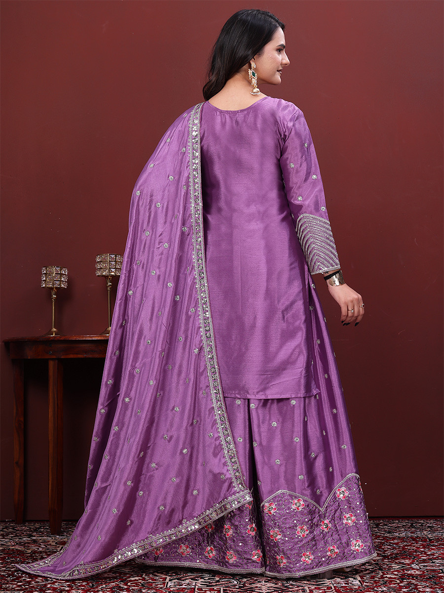 Lavender Chinon Embroidery Sequins Wedding Party Festival Casual Ready Palazzo Pant Salwar Kameez