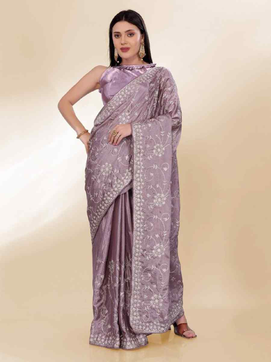 Lavender Chinon silk Embroidered Festival Wedding Classic Style Saree