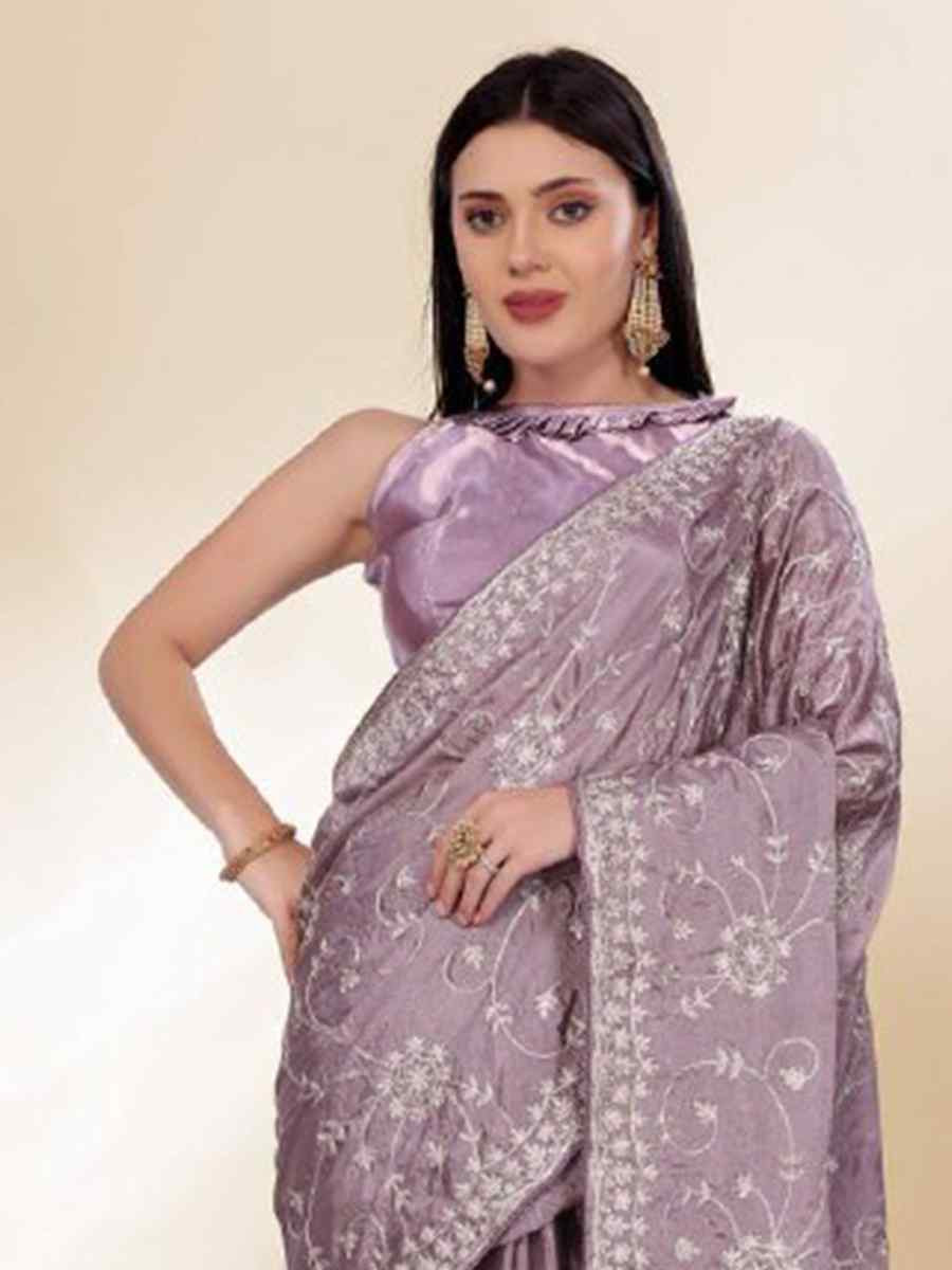 Lavender Chinon silk Embroidered Festival Wedding Classic Style Saree