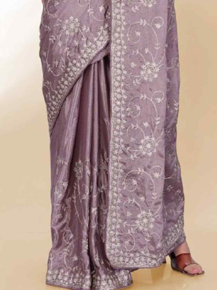 Lavender Chinon silk Embroidered Festival Wedding Classic Style Saree