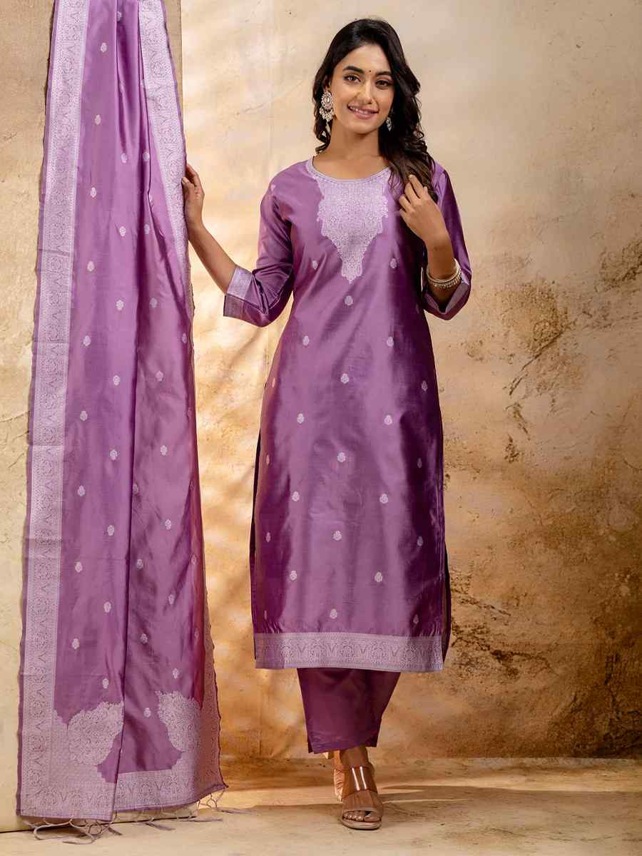 Lavender Cotton Blend Embroidered Festival Wedding Ready Pant Salwar Kameez