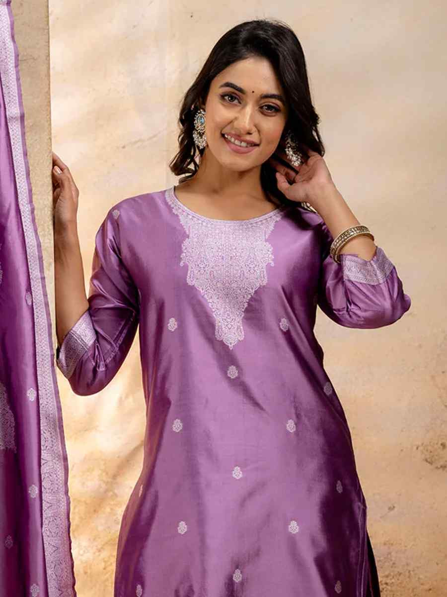 Lavender Cotton Blend Embroidered Festival Wedding Ready Pant Salwar Kameez