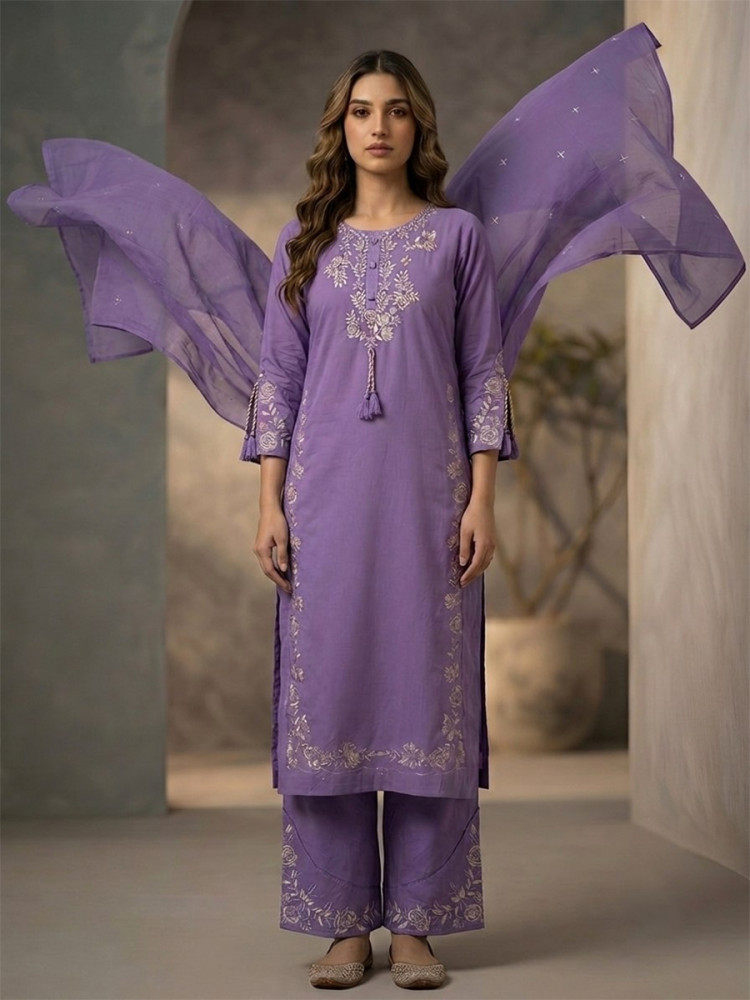 Image of Lavender Cotton Embroidery Wedding Party Festival Casual Ready Palazzo Pant Salwar Kameez