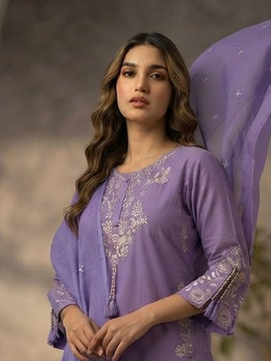 Lavender Cotton Embroidery Wedding Party Festival Casual Ready Palazzo Pant Salwar Kameez