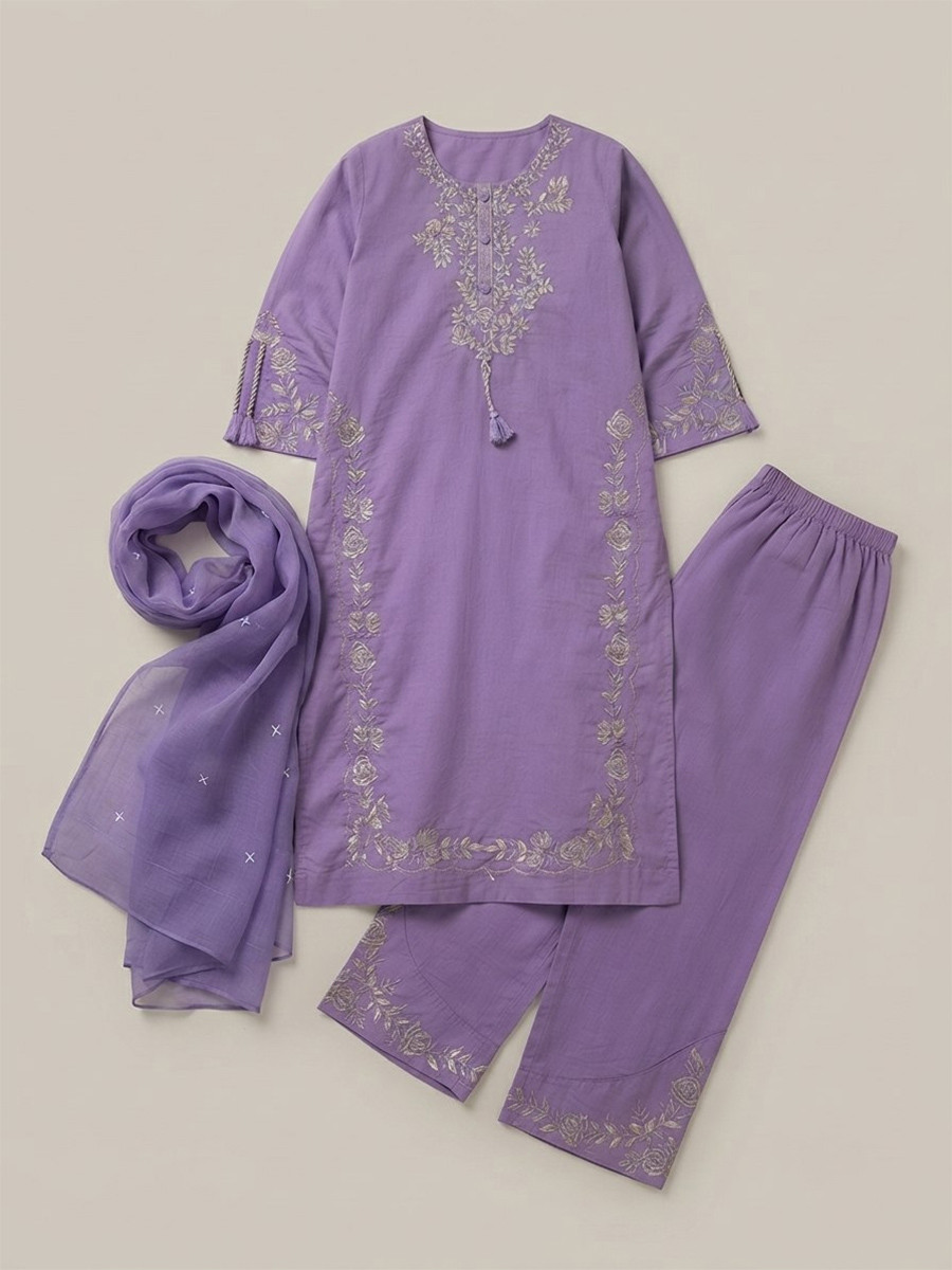 Lavender Cotton Embroidery Wedding Party Festival Casual Ready Palazzo Pant Salwar Kameez