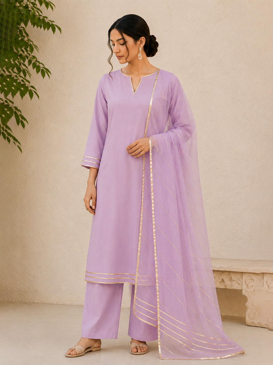 Lavender Cotton Lace Work Wedding Party Festival Casual Ready Palazzo Pant Salwar Kameez