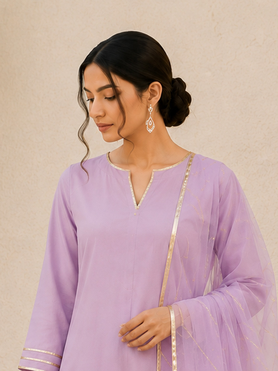 Lavender Cotton Lace Work Wedding Party Festival Casual Ready Palazzo Pant Salwar Kameez