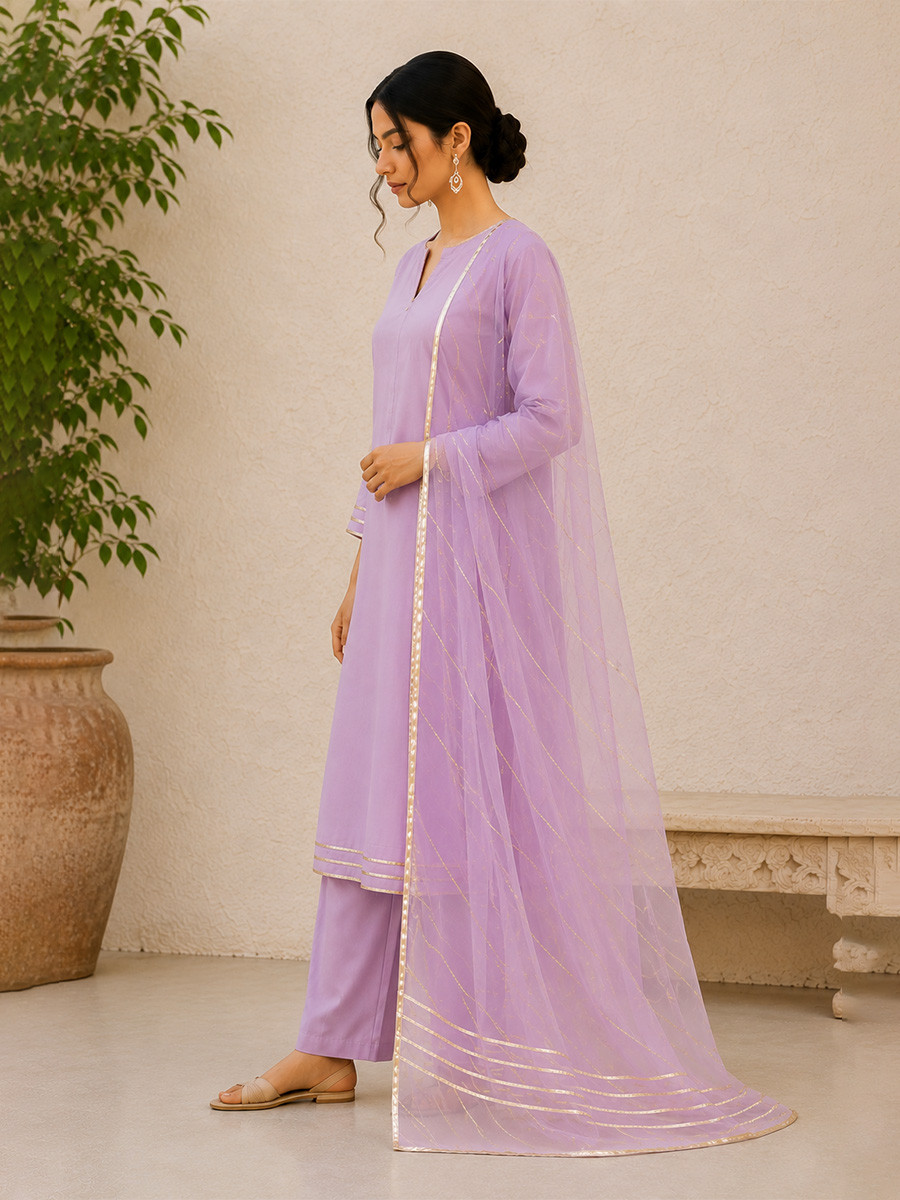 Lavender Cotton Lace Work Wedding Party Festival Casual Ready Palazzo Pant Salwar Kameez