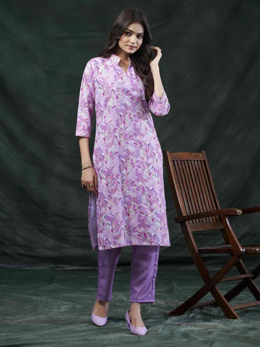 Lavender Cotton Linen Embroidered Festival Casual Kurti