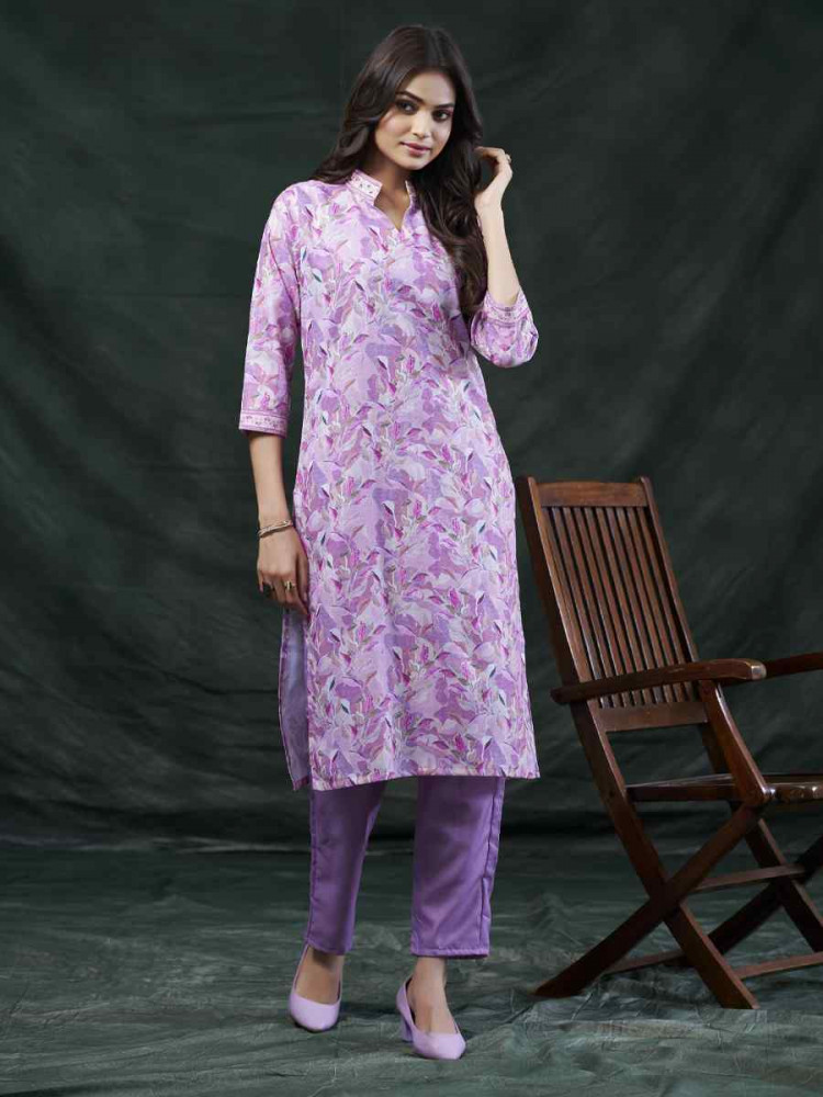 Lavender Cotton Linen Embroidered Festival Casual Kurti