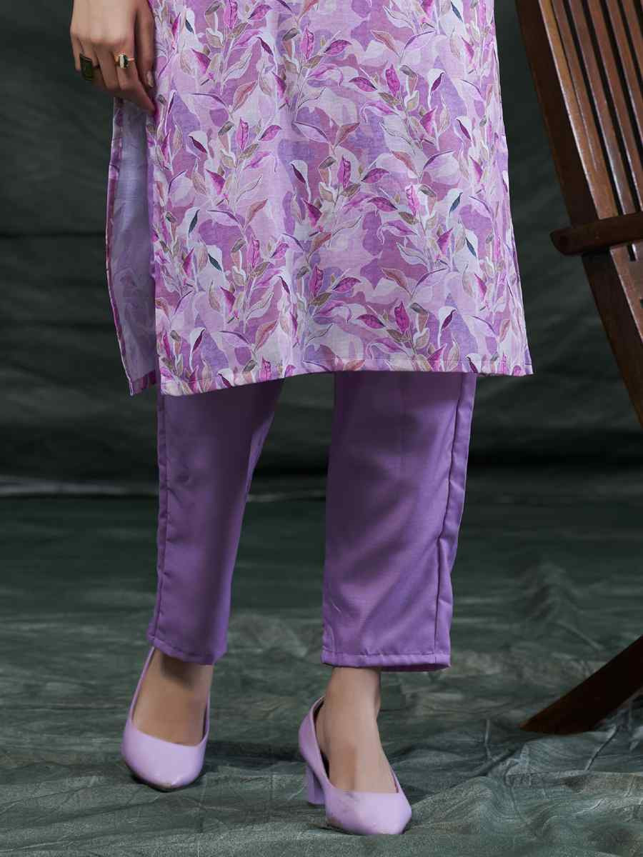 Lavender Cotton Linen Embroidered Festival Casual Kurti