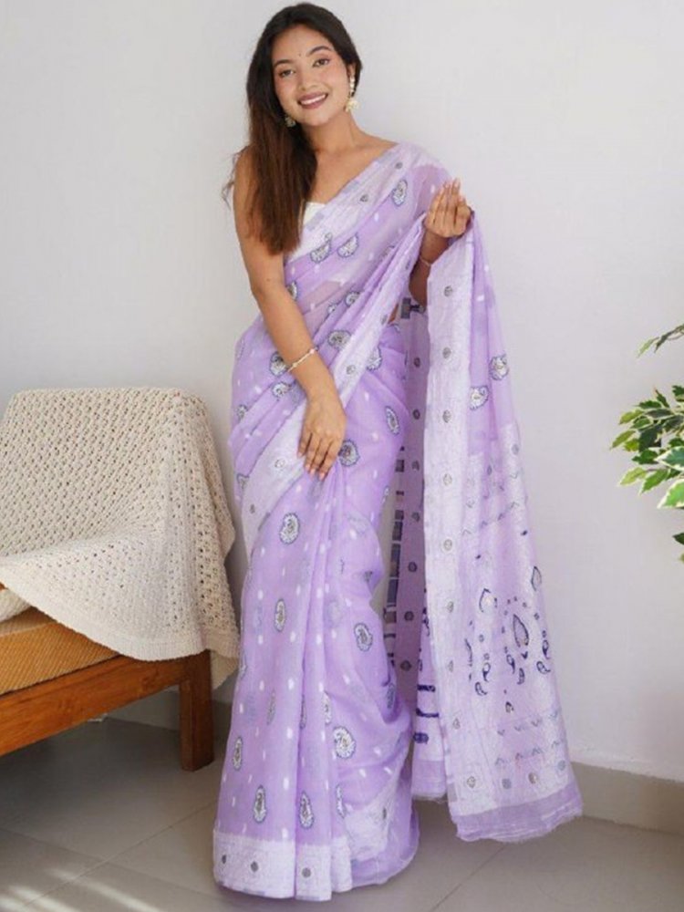 Lavender Cotton Printed Casual Festival Contemporary Saree