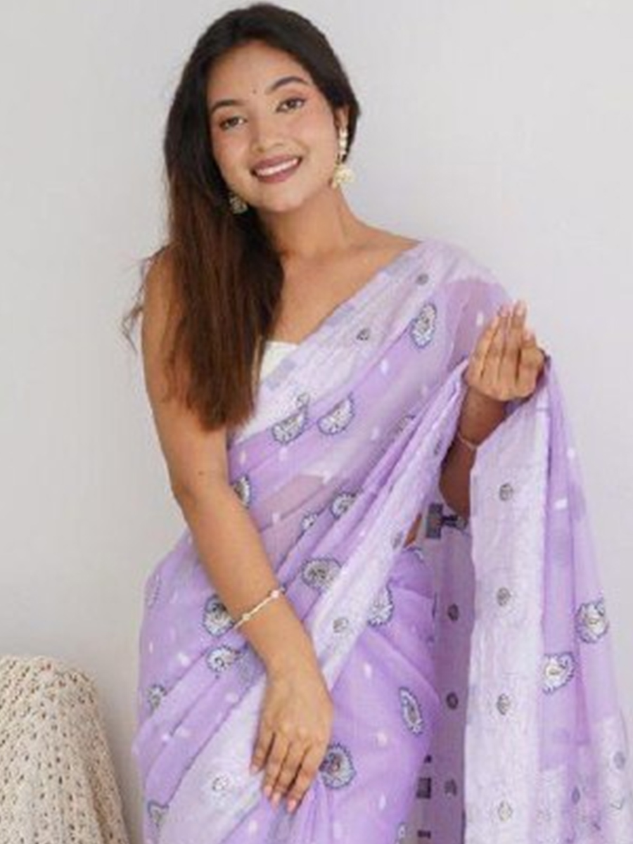 Lavender Cotton Printed Casual Festival Contemporary Saree