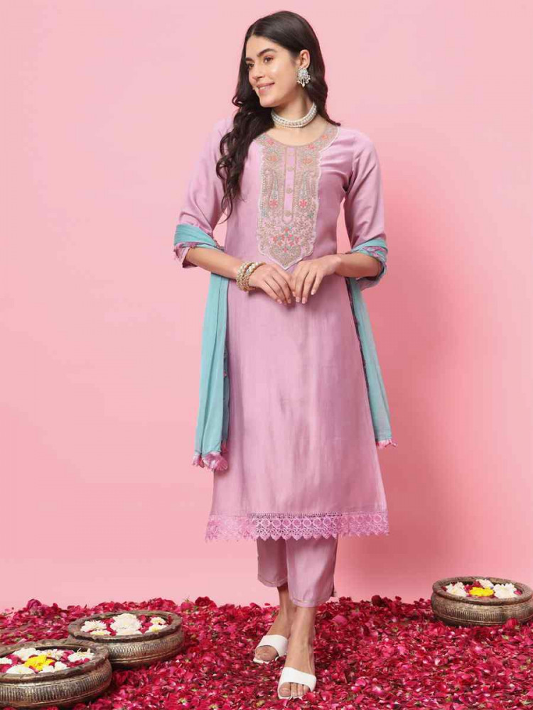 Image of Lavender Cotton Silk Blend Embroidery Party Wedding Festival Casual Ready Pant Salwar Kameez
