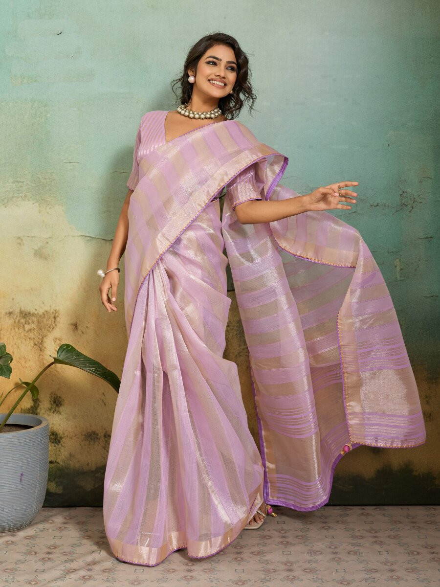 Lavender Cotton Silk Blend Zari Weaving Wedding Reception Party Festival Casual Heavy Border Sarees