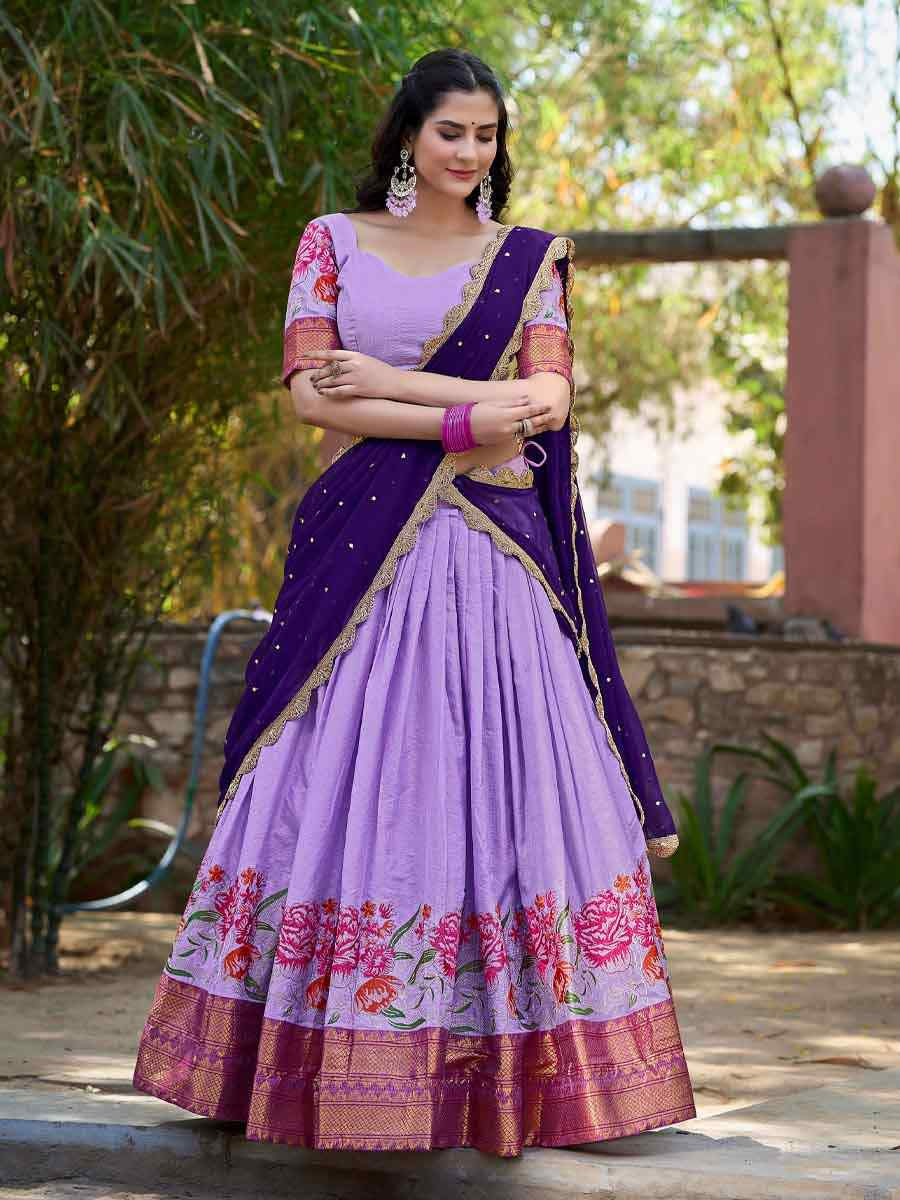 Lavender Cotton Silk Embroidered Party Reception Wedding Lehenga Choli