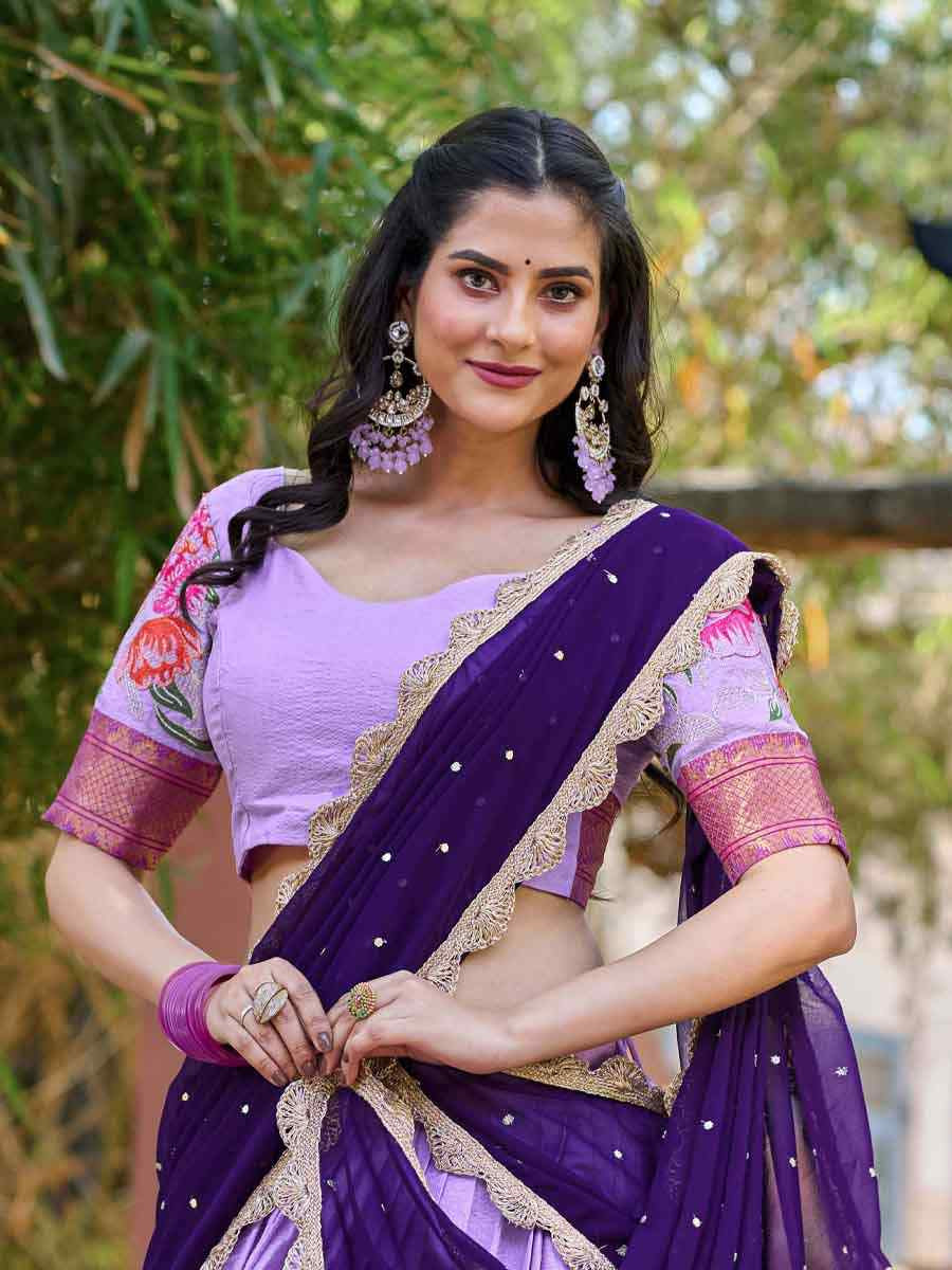 Lavender Cotton Silk Embroidered Party Reception Wedding Lehenga Choli