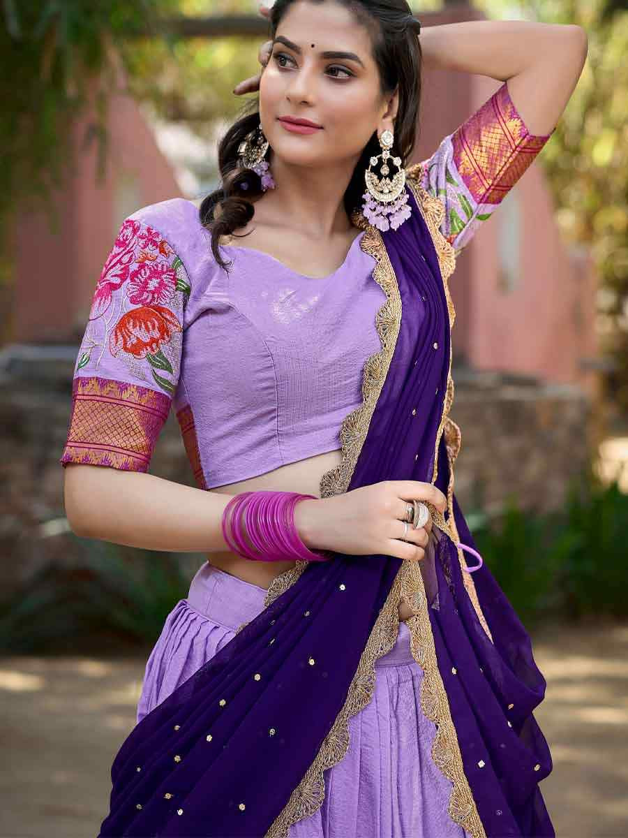Lavender Cotton Silk Embroidered Party Reception Wedding Lehenga Choli