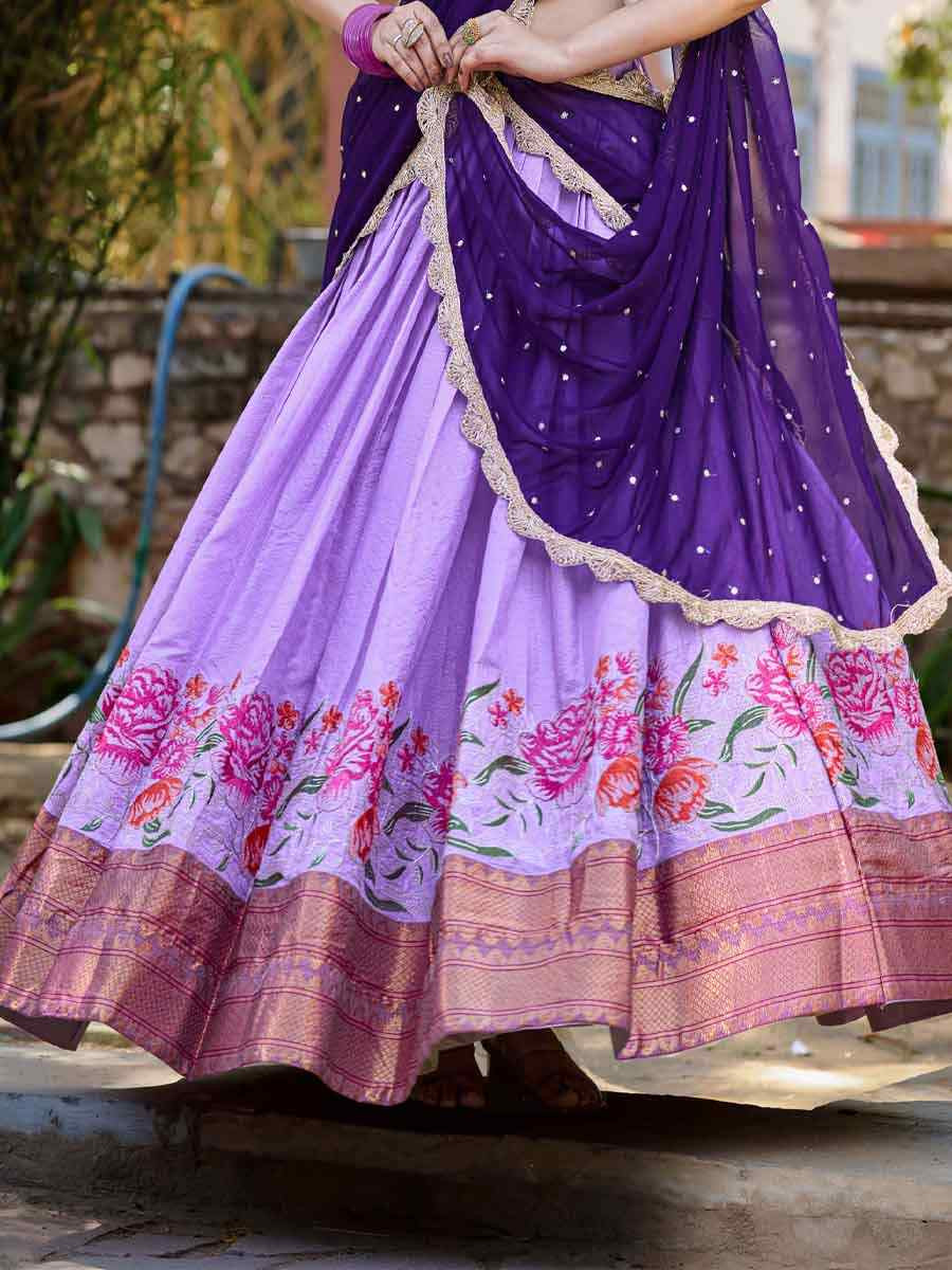 Lavender Cotton Silk Embroidered Party Reception Wedding Lehenga Choli