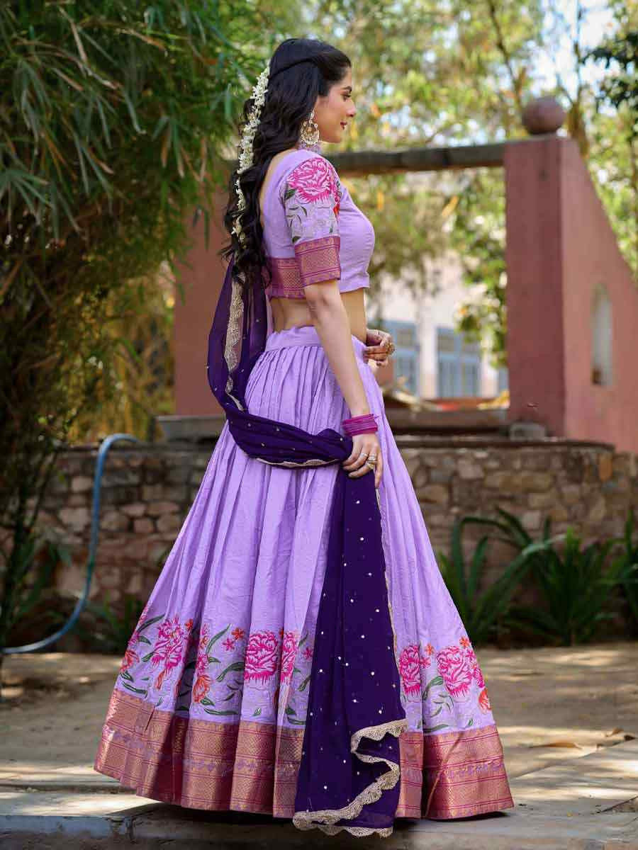 Lavender Cotton Silk Embroidered Party Reception Wedding Lehenga Choli