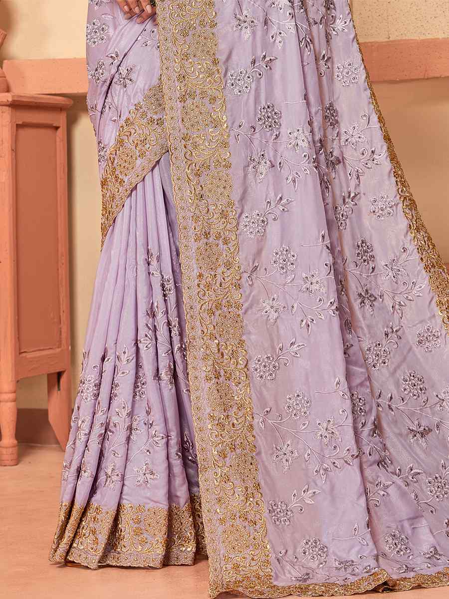 Lavender Crepe Silk Embroidered Wedding Party Heavy Border Saree