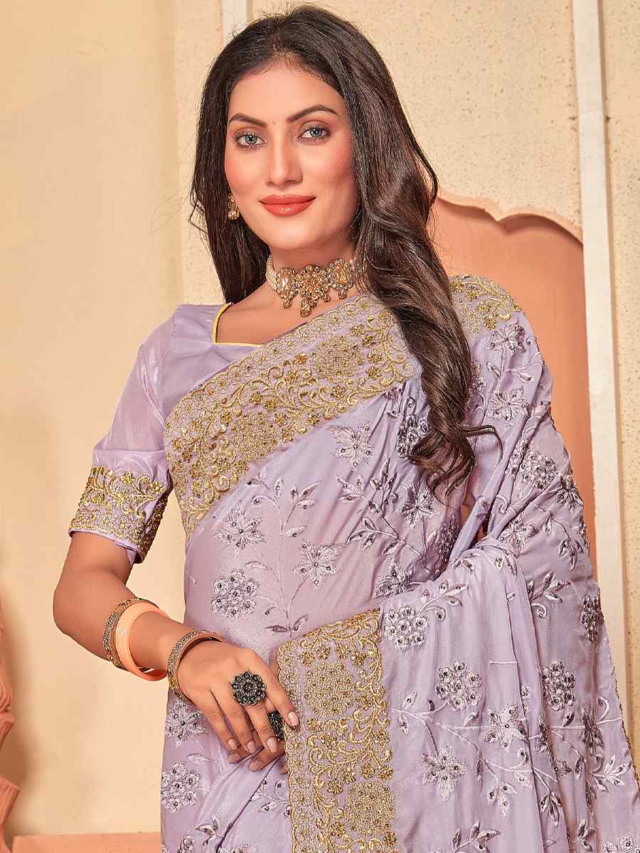 Lavender Crepe Silk Embroidered Wedding Party Heavy Border Saree