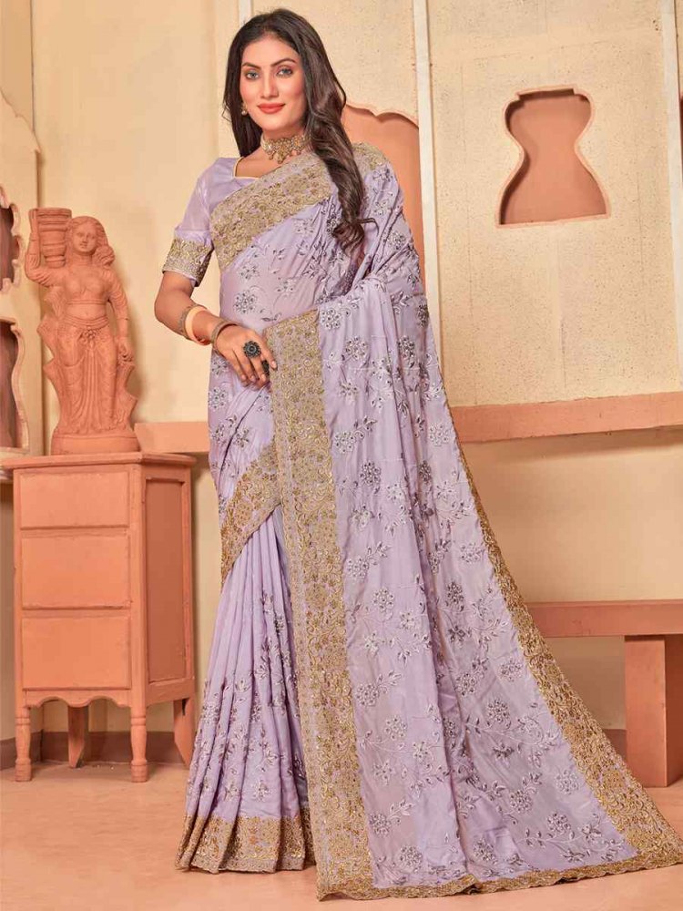 Lavender Crepe Silk Embroidered Wedding Party Heavy Border Saree