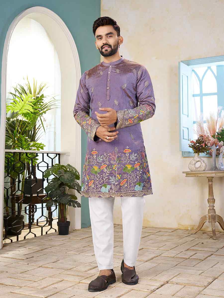 Lavender Crunchy Silk Embroidery Festival Wedding Party Kurta